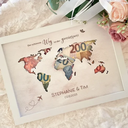 Geldgeschenk zur Hochzeit Weltkarte weiss lasiert