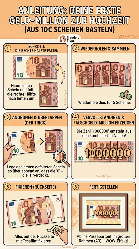 Schritt-für-Schritt Anleitung: Erste-Million-Geldgeschenk aus 10€ Scheinen falten für Traudels Geburtstags- und Hochzeitsposter